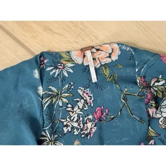 Free People Floral Chiffon Mini Dress Size M Teal Green Ruffle Boho Sleeve - Picture 3 of 4
